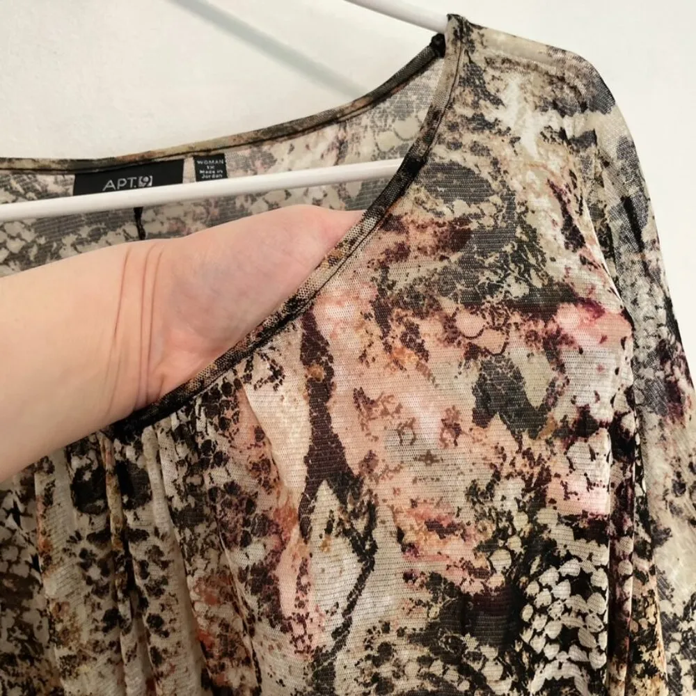 APT. 9 Plus Size Cream Beige Black Brown Snakeskin Snake Belted Tie Mesh Blouse - Image 6