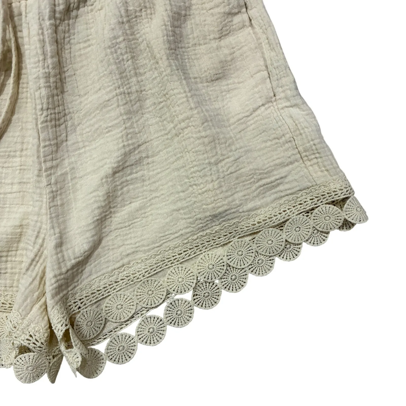 Womens Gauze Crochet Lace Trim Shorts Elastic Waist Beach Cover Up Shorts Size L - Image 2