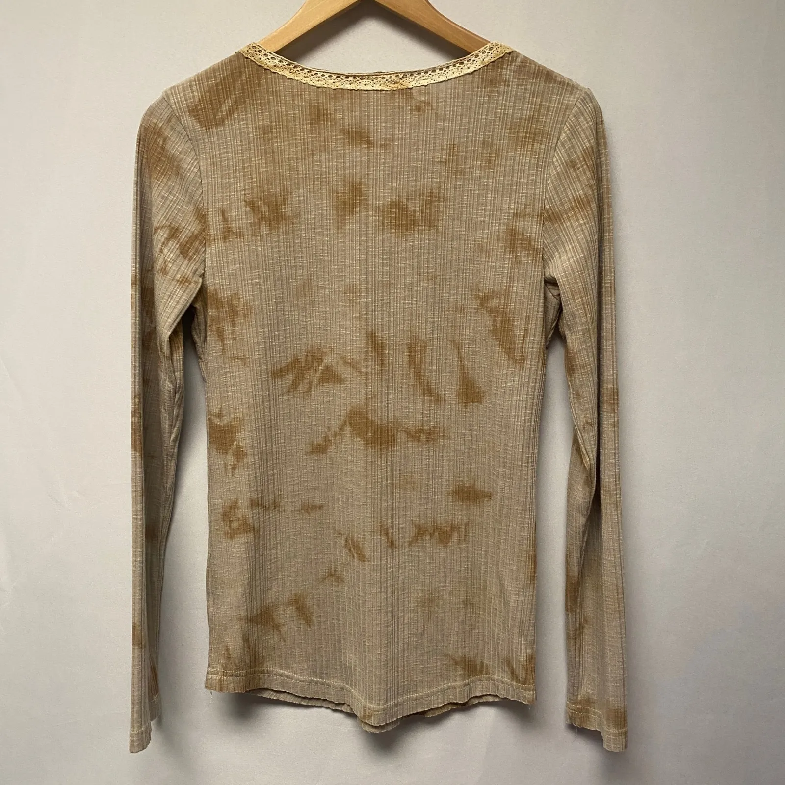 POL Vintage Style Earth Tone Ribbed Long Sleeve Lace Trim V Neck Henley Top Sz S - Image 8