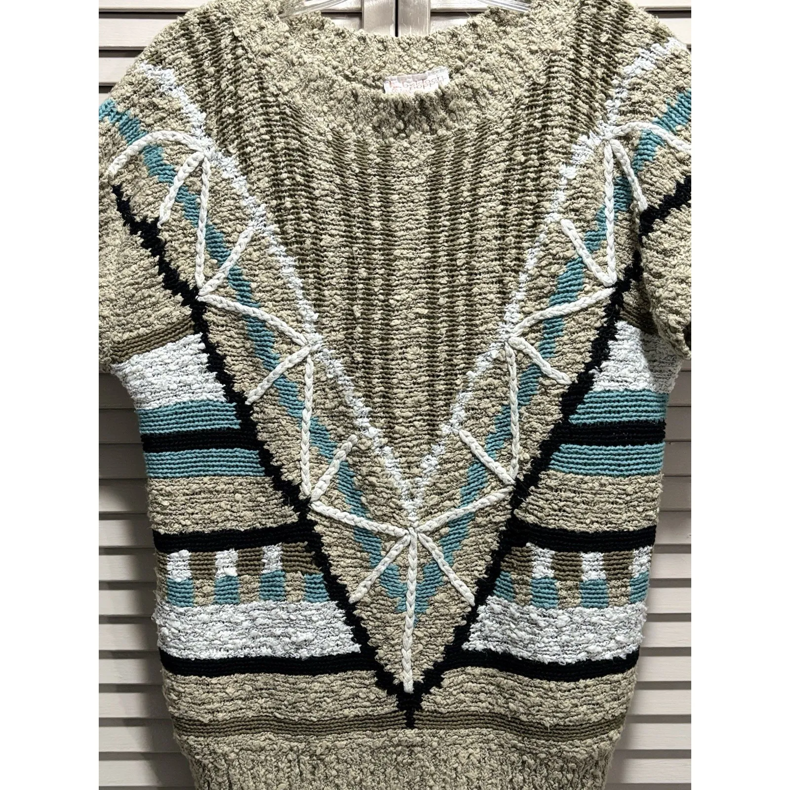 Beldoch Popper Chunky Knit Embroidery Tan/ Blue Aztec Sleeveless Sweater Size‎ L Tan Size L - Image 2