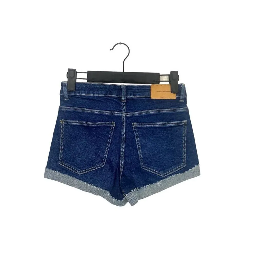 Zara Mid Rise Cuffed Stretch Cotton Denim Shorts 5 Pocket 00 Dark Blue #3300 - Image 5