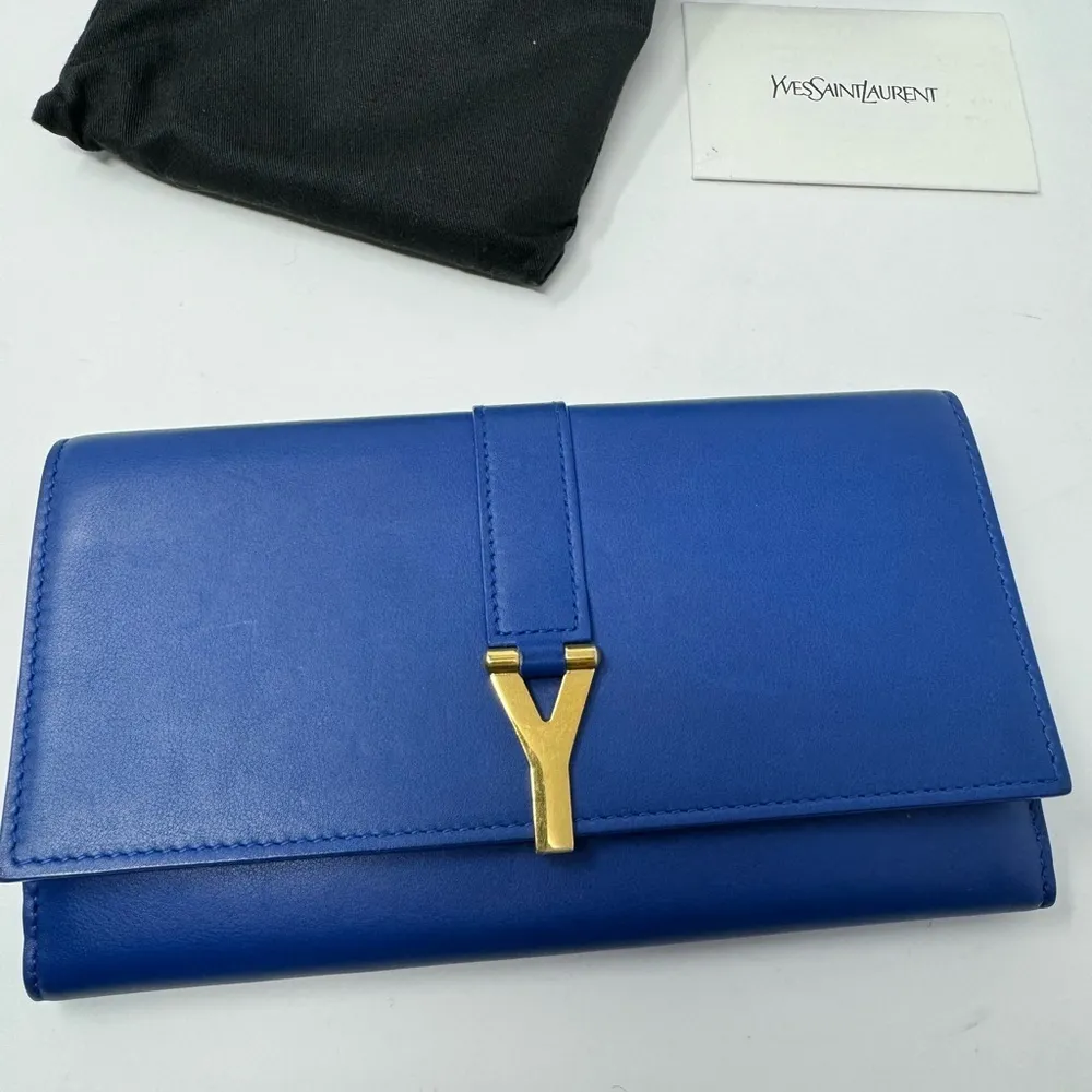 Saint Laurent Y-Chyc Authentic Royal Blue Leather Zip Wallet – Gold “Y” Hardware - Image 2