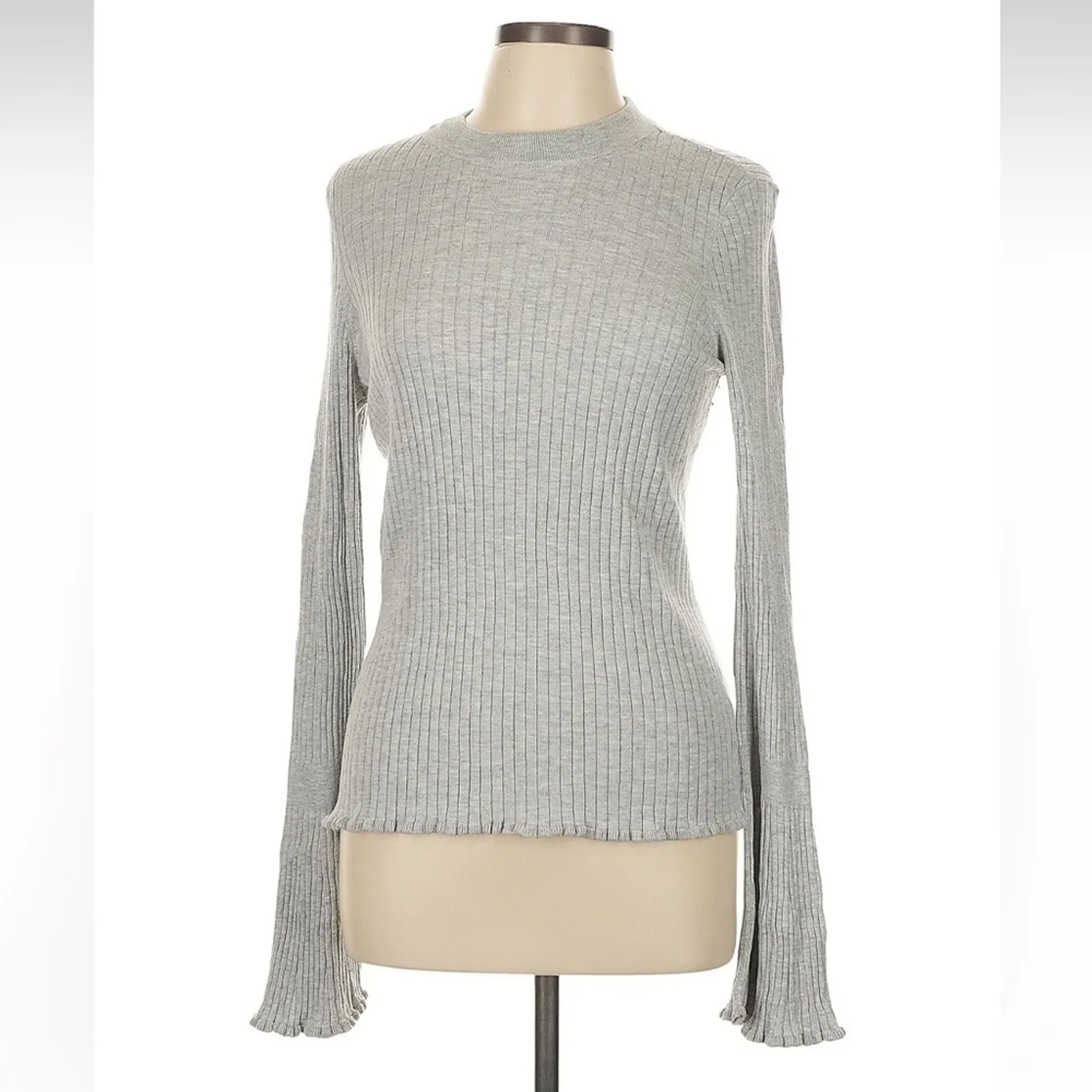 Paige Grey Ribbed Bell Sleeve Sweater Womens L Casual Classic Preppy PulloverZ - Image 2