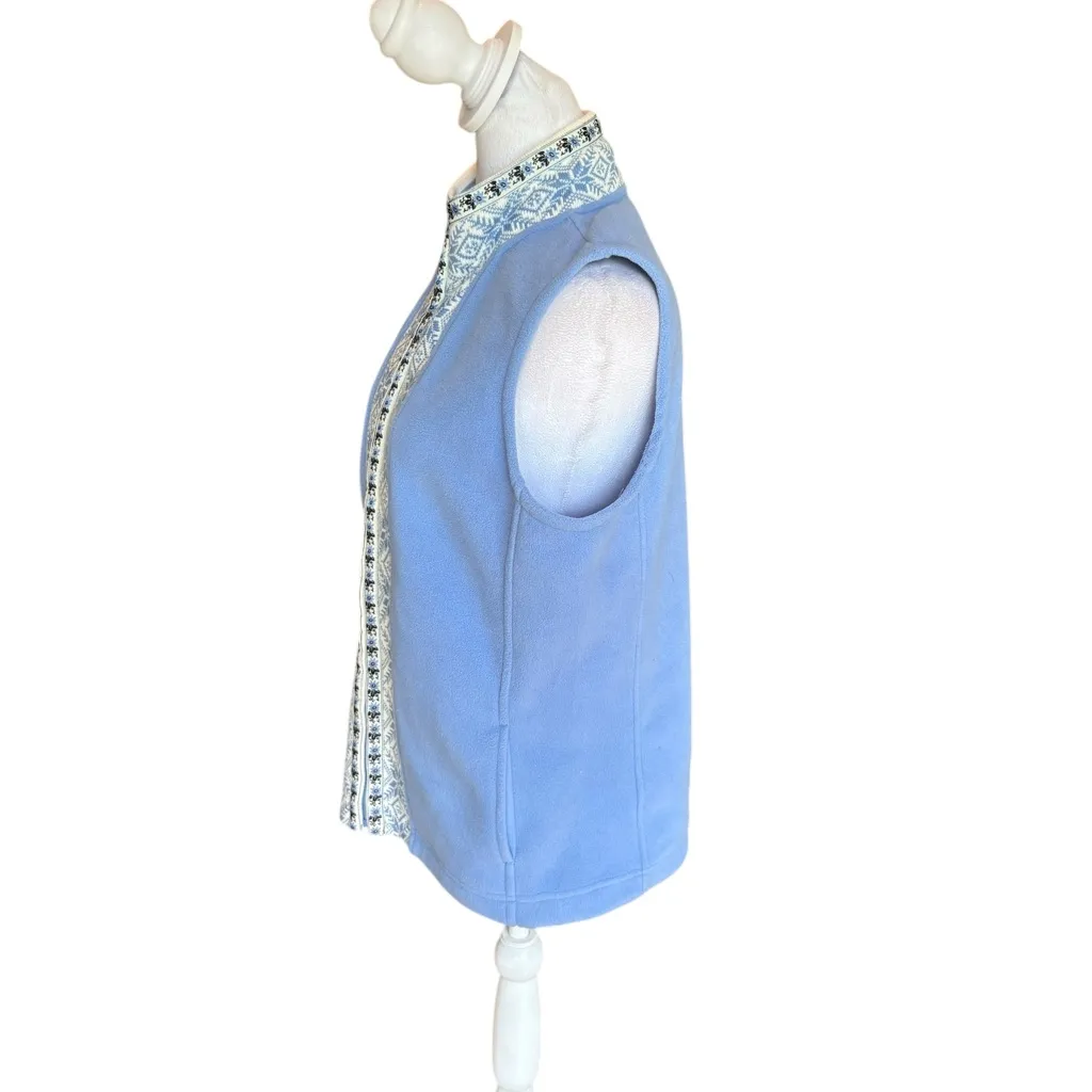 LL Bean Vest Jacket Blue Nordic Snowflake Fleece Mock Neck Full Zip Womens Med - Image 3