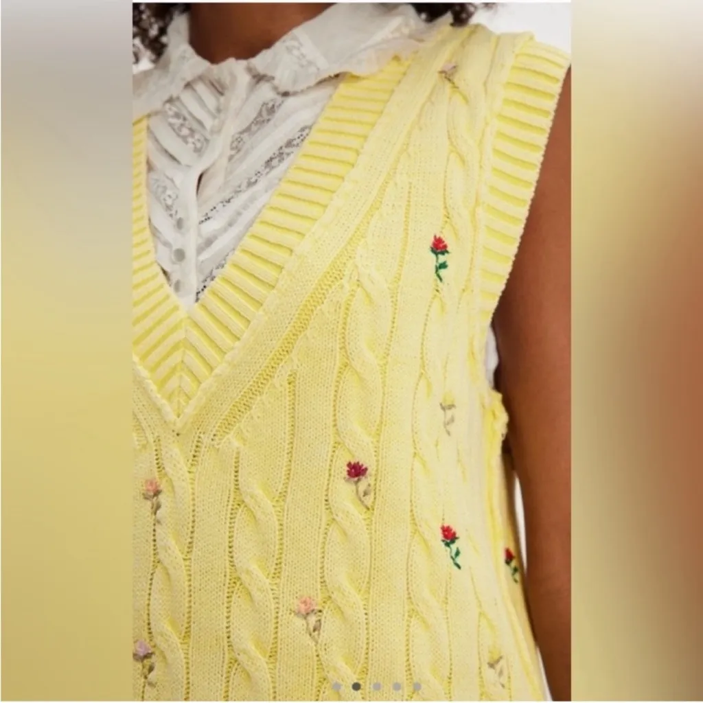 Free People Plumeria Floral Sweater Vest Cable Knit Embroidered Yellow - Size s - Image 4
