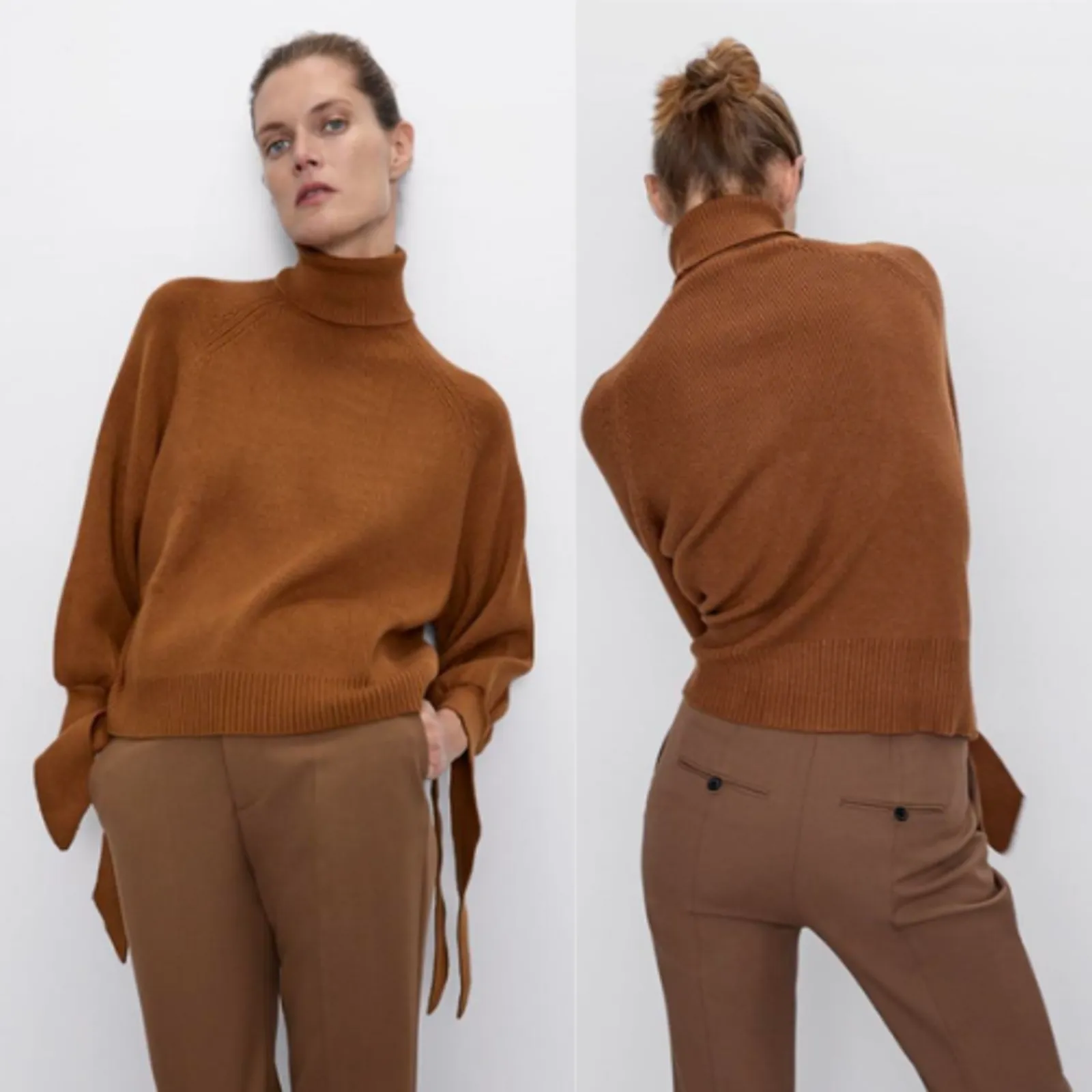 Zara Ribbed Tie Cuff Turtleneck Pullover Sweater Rust Brown Women's Size Medium - Image 2