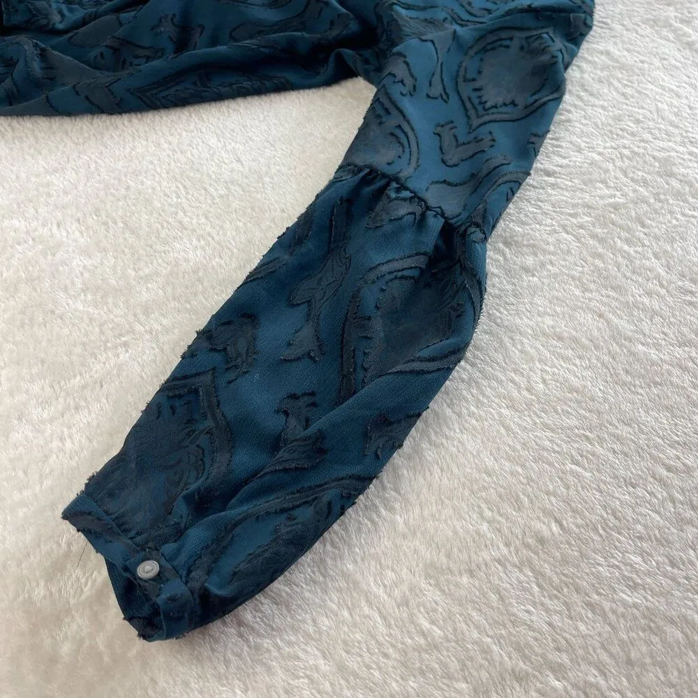 Ann Taylor Loft Floral Velvet Burnout Blouse Womens MP Blue Boho Dark‎ Academia - Image 8