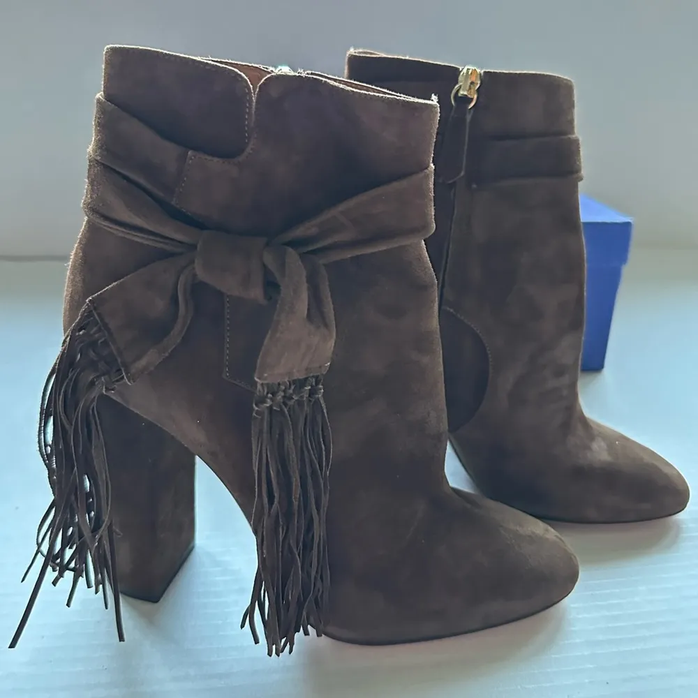 Aquazzura Tassel Suede Block Heel Ankle Booties Tonal Fringe Brown Size 38.5 NEW - Image 5