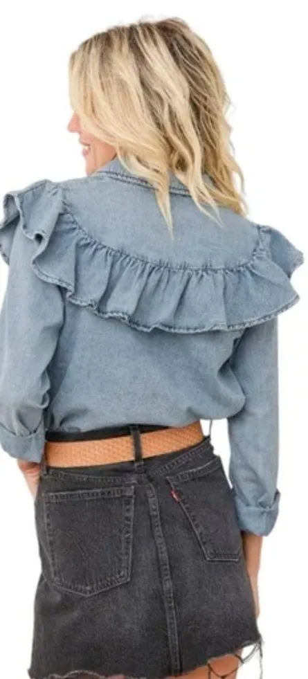 Lulus Top‎ Womens Medium Blue Chambray Ruffle Belle of the Moment Cotton - Image 2