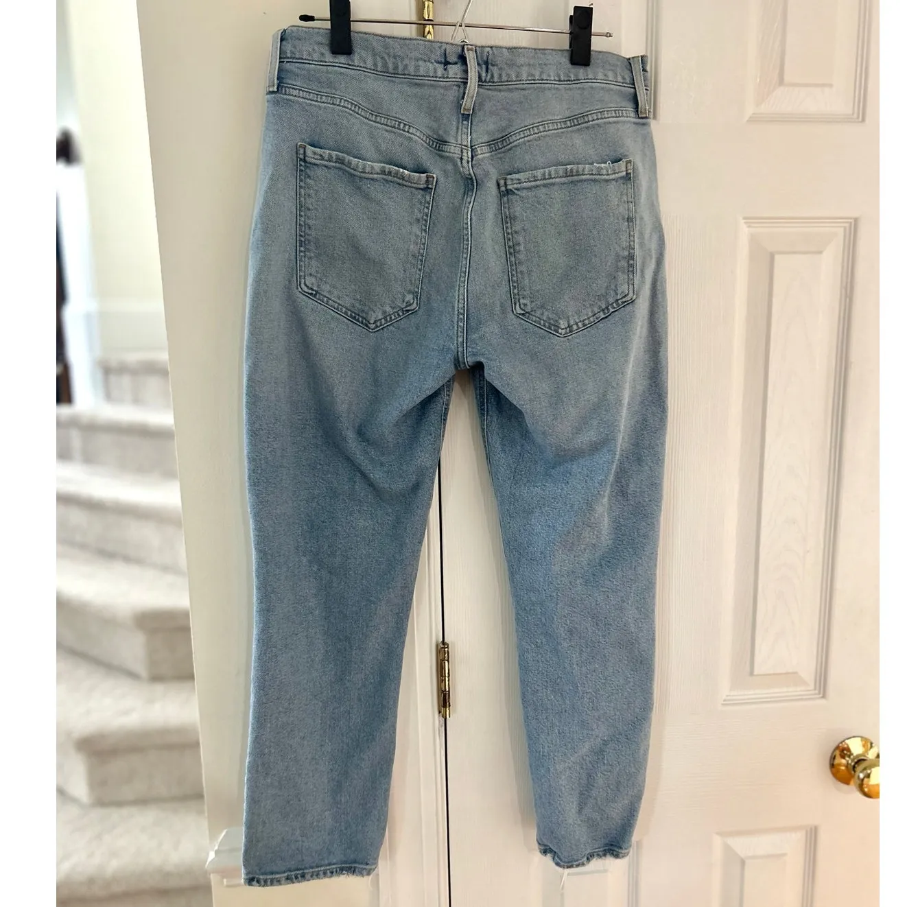 Agolde Riley Crop Light Wash Frayed Hem Straight Leg Jeans - Image 8