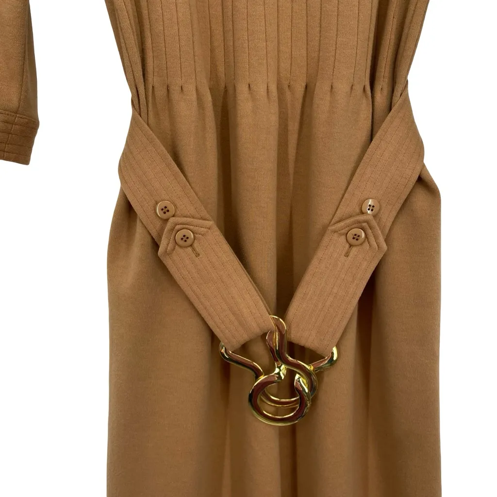 Elizabeth McKay The Pleated Belted Knit Dress Camel Brown Size 4 - Image 8