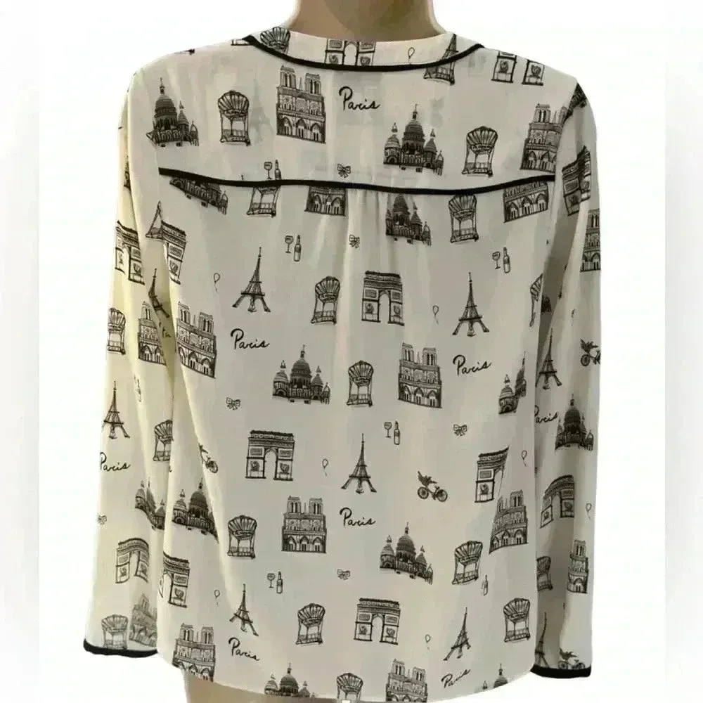 Talbots Paris Print Tie Front Blouse Ivory and Black Small Petite - Image 5