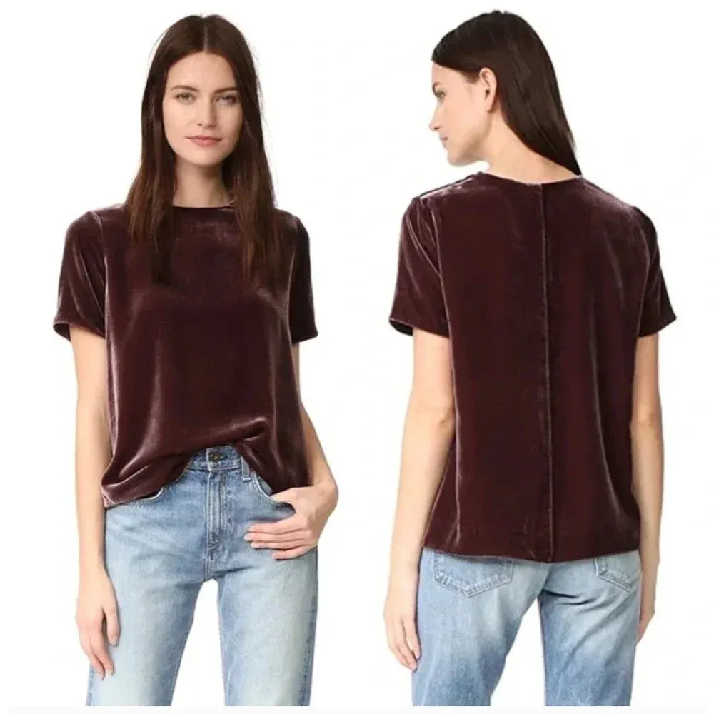 Vince Top Split-back‎ Silk Crushed Velvet Short Sleeve Raisin Purple Tee Size XS - Image 2