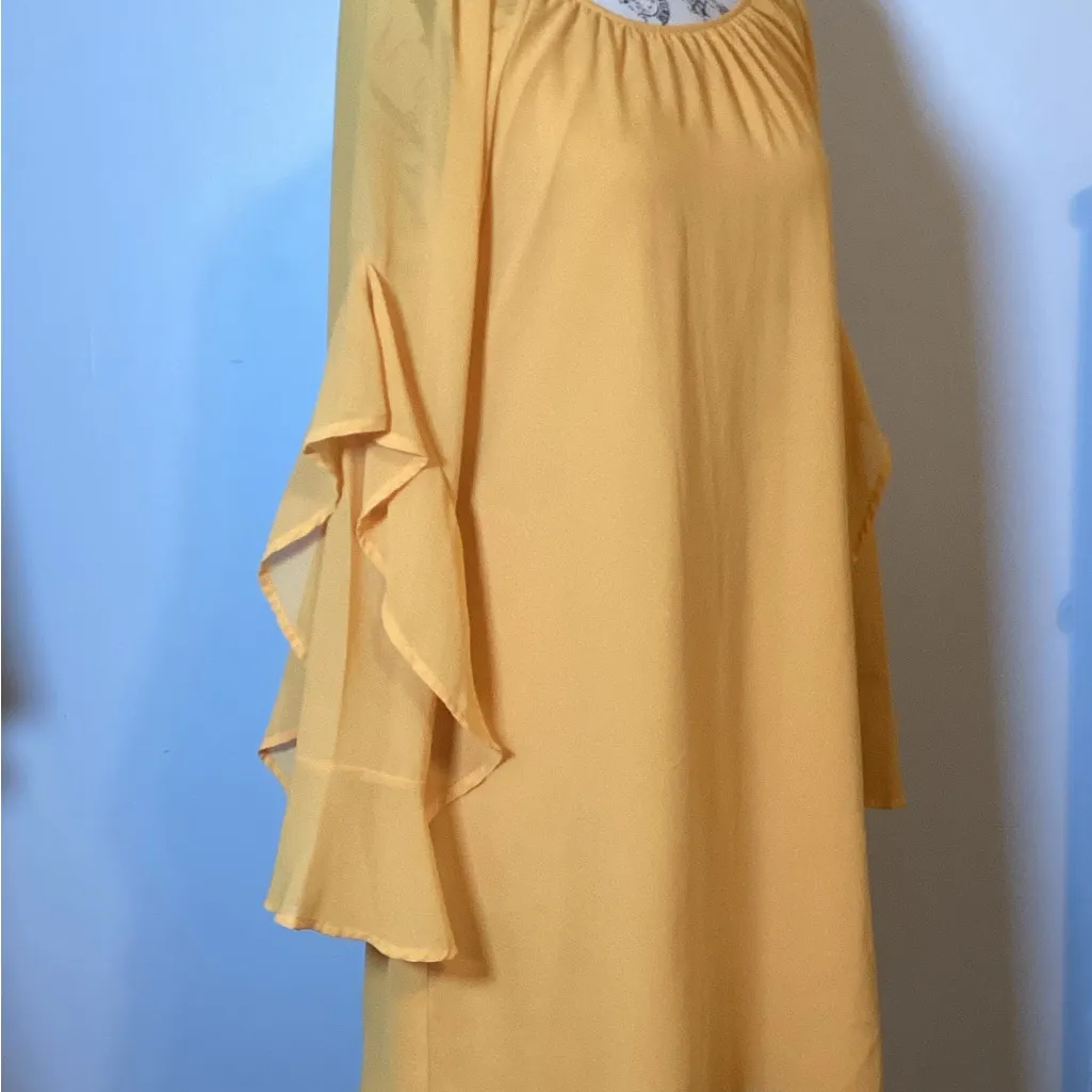 LONG LAYERED RUFFLED SLEEVE SHIFT DRESS by SIGNATURE STUDIO in MUSTARD SIZE S - Image 3