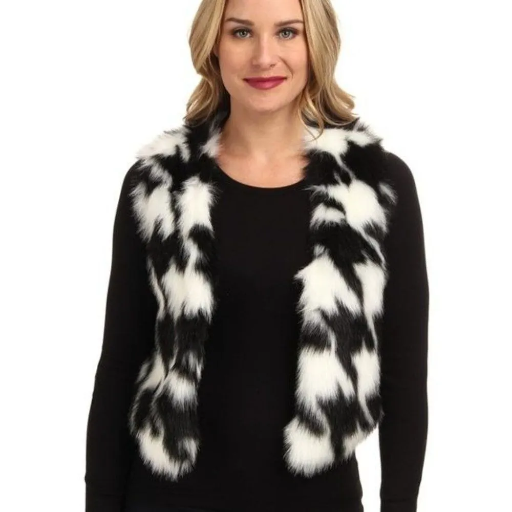 Michael Kors Houndstooth Black White Open Front Faux Fur Vest Large - Image 24