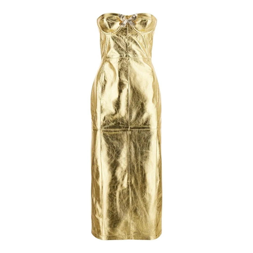 Blumarine Strapless Midi Dress in Gold 42 New Womens Leather Strapless Runway Size undefined - Image 11
