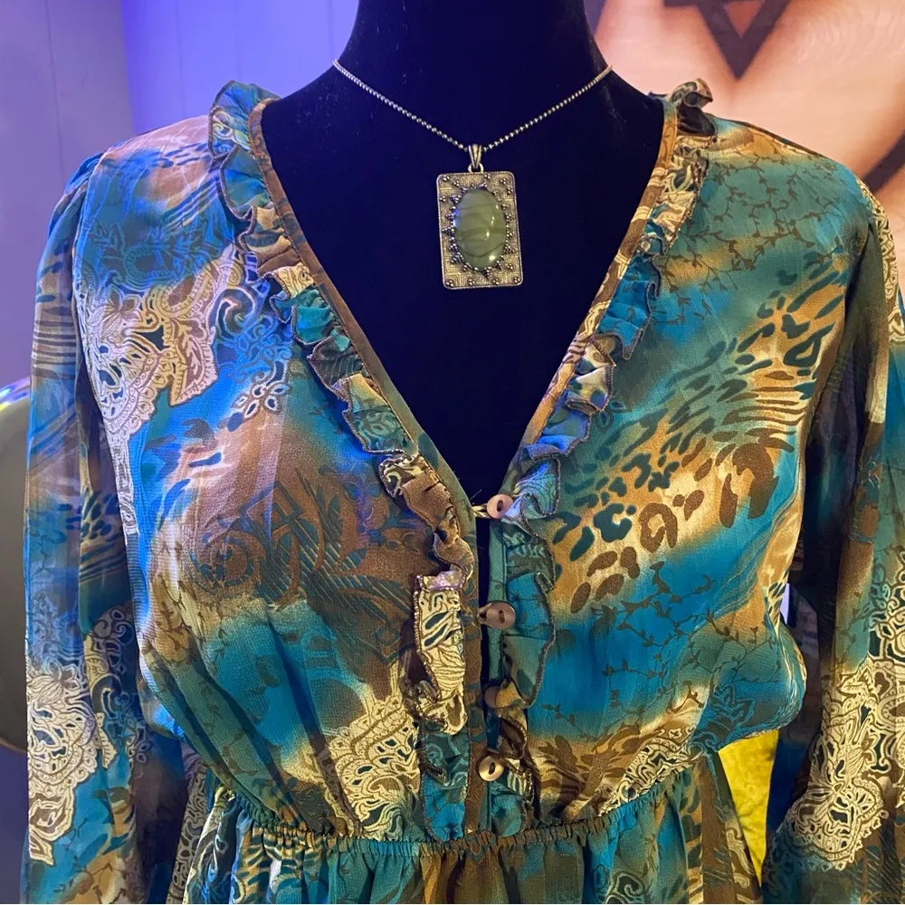 Vintage Y2K Notations Animal Print And Paisley Semi Sheer Boho Fairycore Top Blue Size M - Image 3