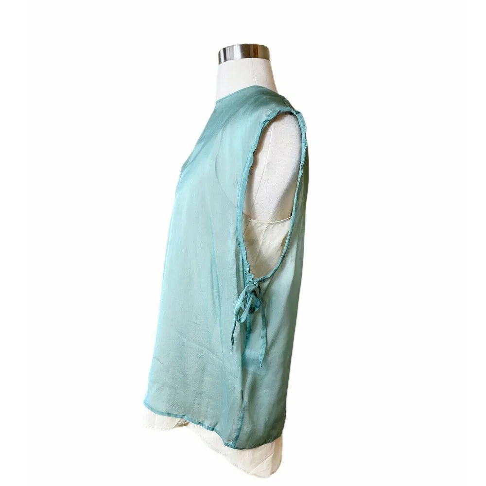 ALYSI Chocolat Silk Blouse Side Ties Sleeveless Italy Green Ivory Layered IT 44 Size 6 - Image 8