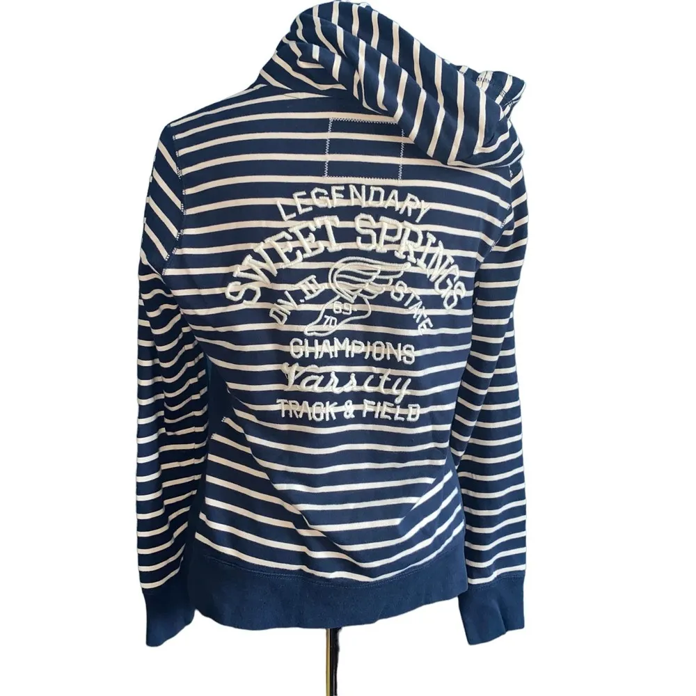Lucky Brand Navy Blue Striped Zip Up Embroidered Knit Track Hoodie Size Large - Image 4