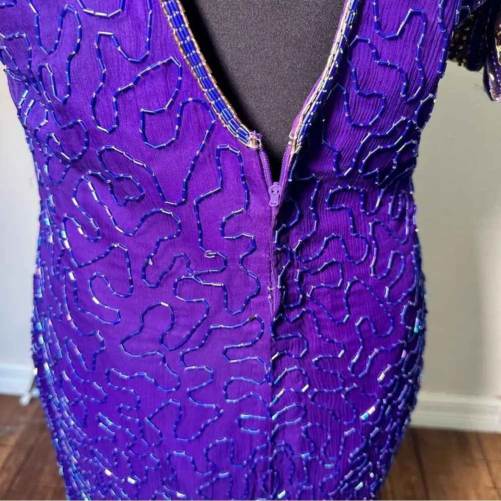 Laurence Kazar Silk Purple and Gold Embellished Sheath Dress - Image 9
