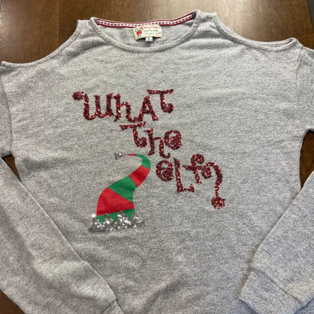 Poof 'What the Elf' Sweater JUNIORS Size Large Ugly Party Holiday Christmas Gray - Image 5