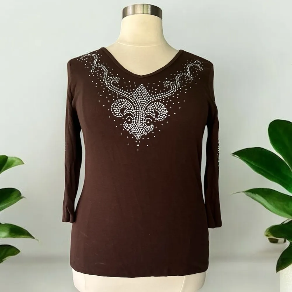 Reba Chocolate Brown Ribbed Embellished Blouse Size 2X - Image 2