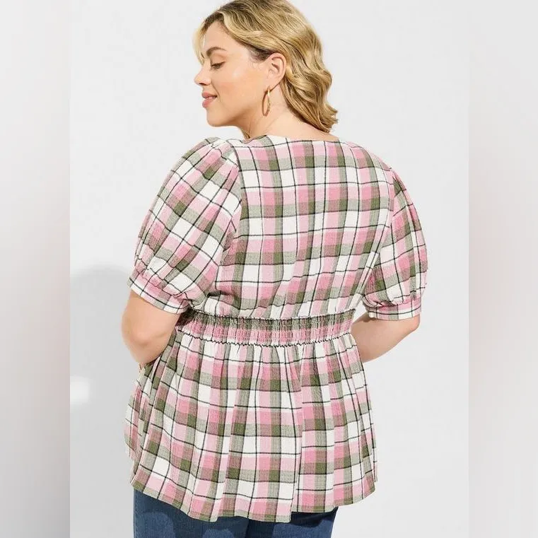 Torrid Plaid Babydoll Crinkle Flannel Gauze Button Up Short Sleeve Plus Size 1X - Image 3