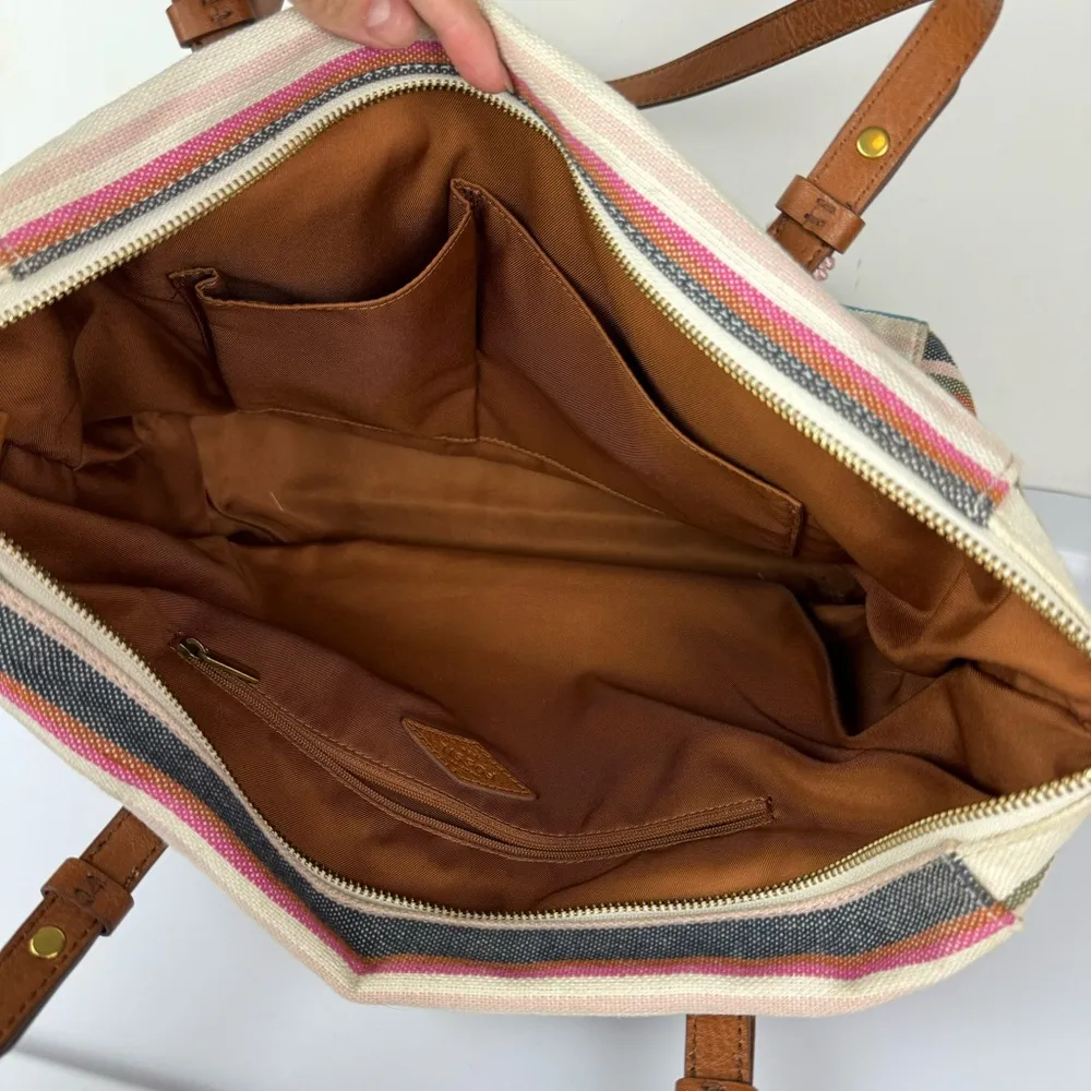 Fossil Rachel Tote Stripe Canvas Bag Boho Beach Tassels - Image 15