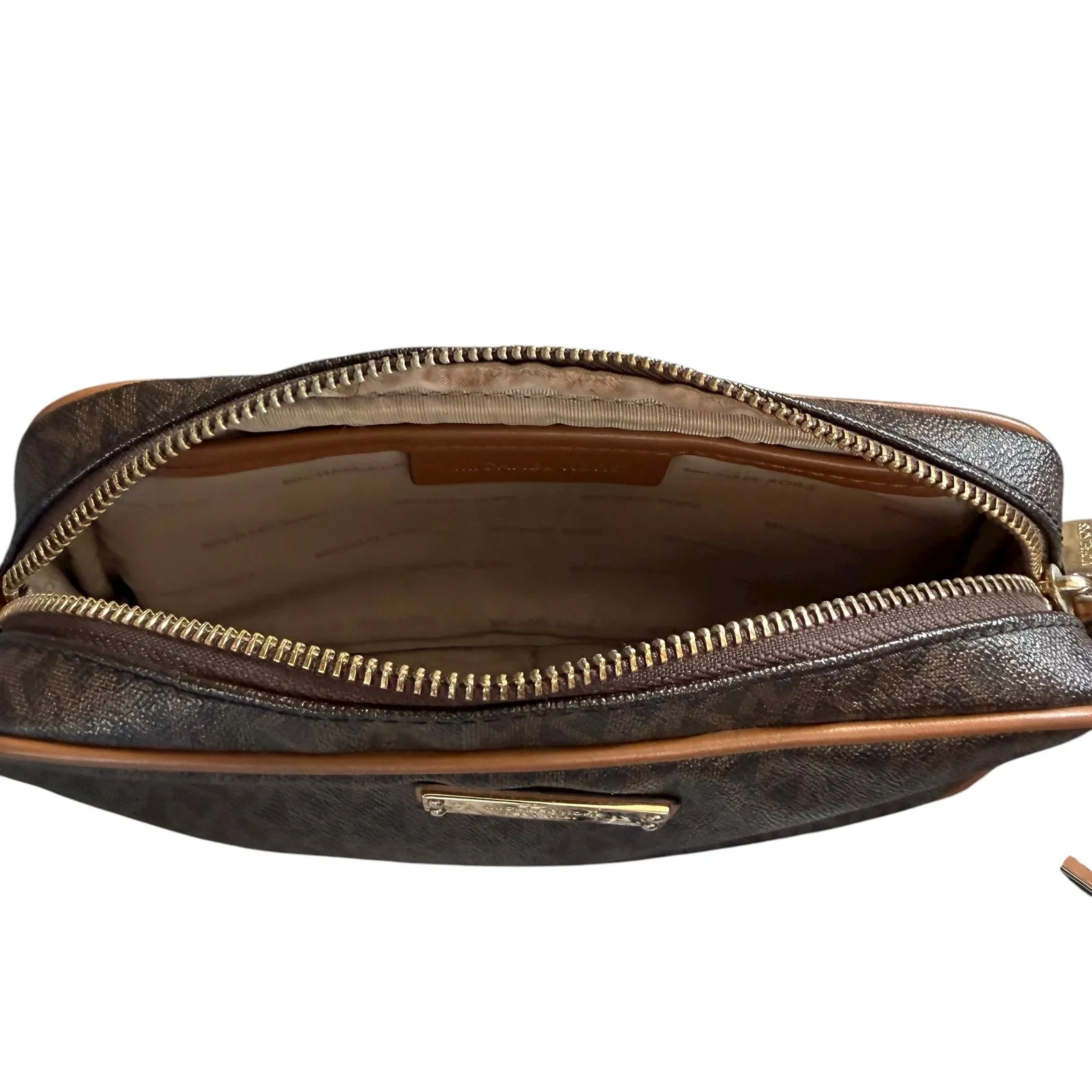 Michael Kors Jet Set Brown MK Signature Crossbody Bag Leather Trim Gold Hardware - Image 10