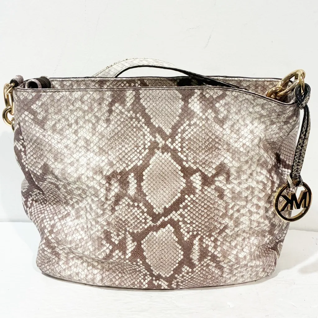 Michael Kors Hallie Convertible Shoulder Bag Embossed Leather Dark Sand Python Tan - Image 6
