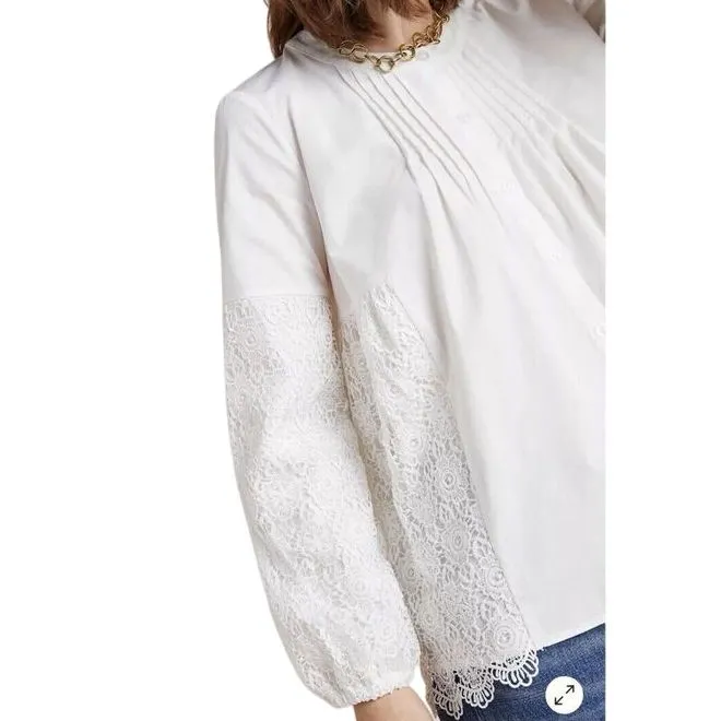 White Cotton Blouse with Floral Lace Bell Sleeve Romantic‎ Victorian Style Top Size M - Image 8