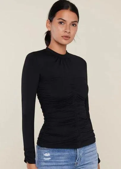RACHEL PARCELL Top Size Large Ruched Fitted Mockneck Long Sleeve Black Spandex - Image 1