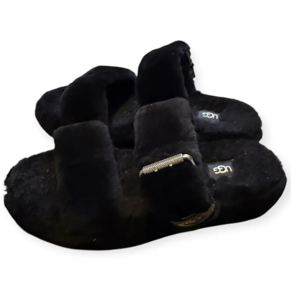 UGG Womens 9 Fuzz Yeah Slipper Black Sheepskin Buckle Slide Sandals Comfy Warm - Image 2