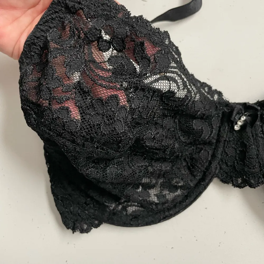 Smart Sexy Bra Lace Underwire Unlined Semi Sheer Adjustable Diamond Bow Black - Image 2