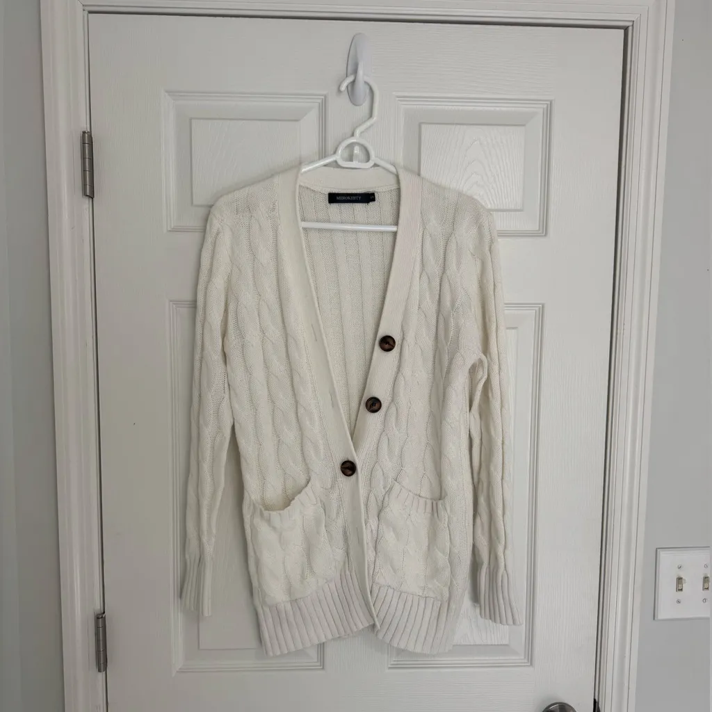 Women's White Cable Knit Cardigan Sweater - Image 2
