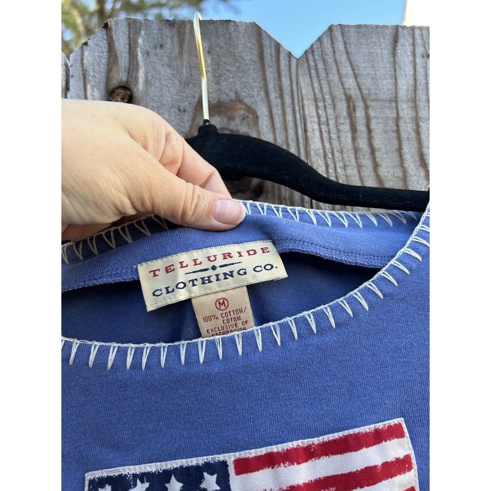 Telluride Clothing Co Short Sleeve Cotton Shirt Medium Embroidered American Flag Blue - Image 5