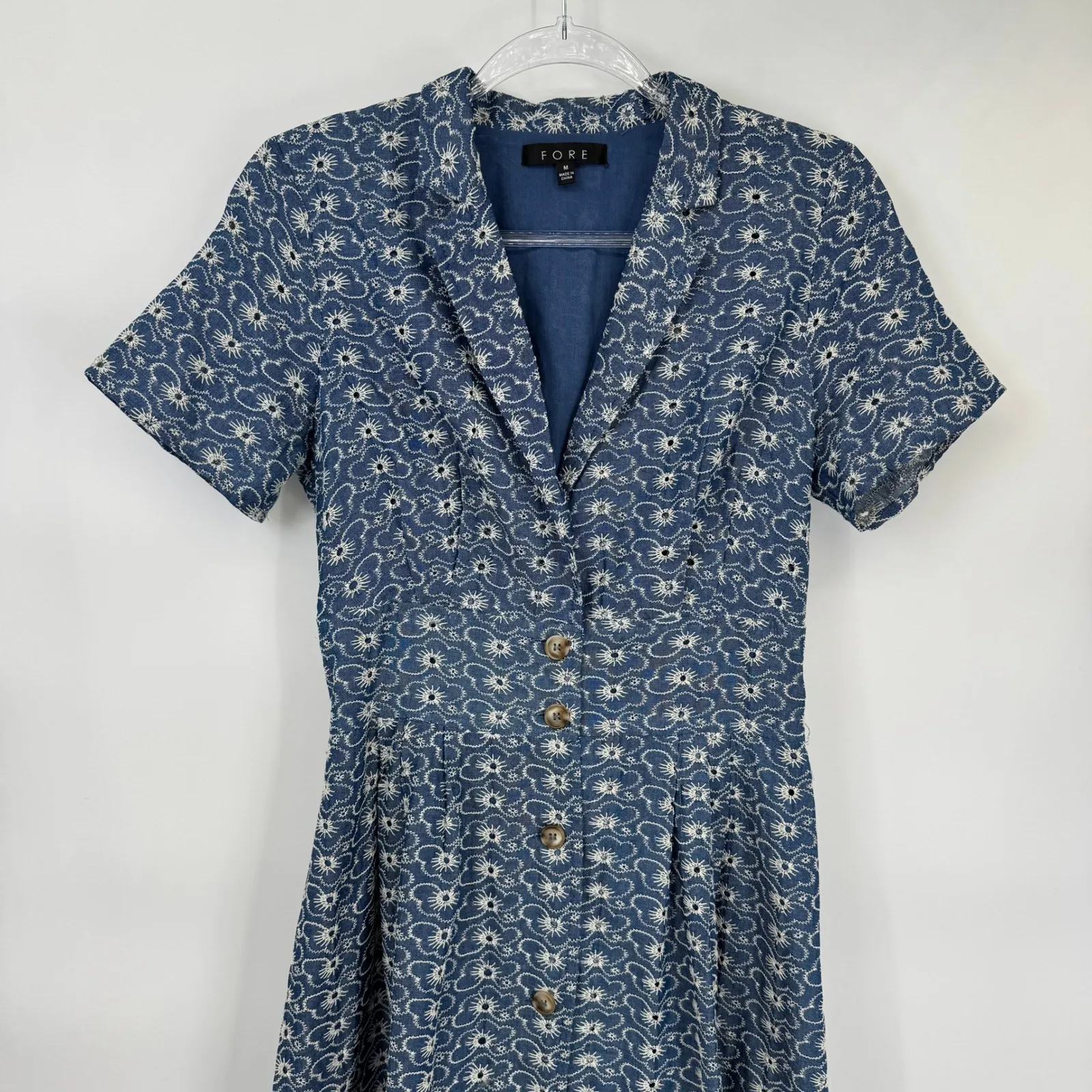 FORE Button Front Midi Dress Women Medium Blue Cotton Floral Embroidered Country - Image 2