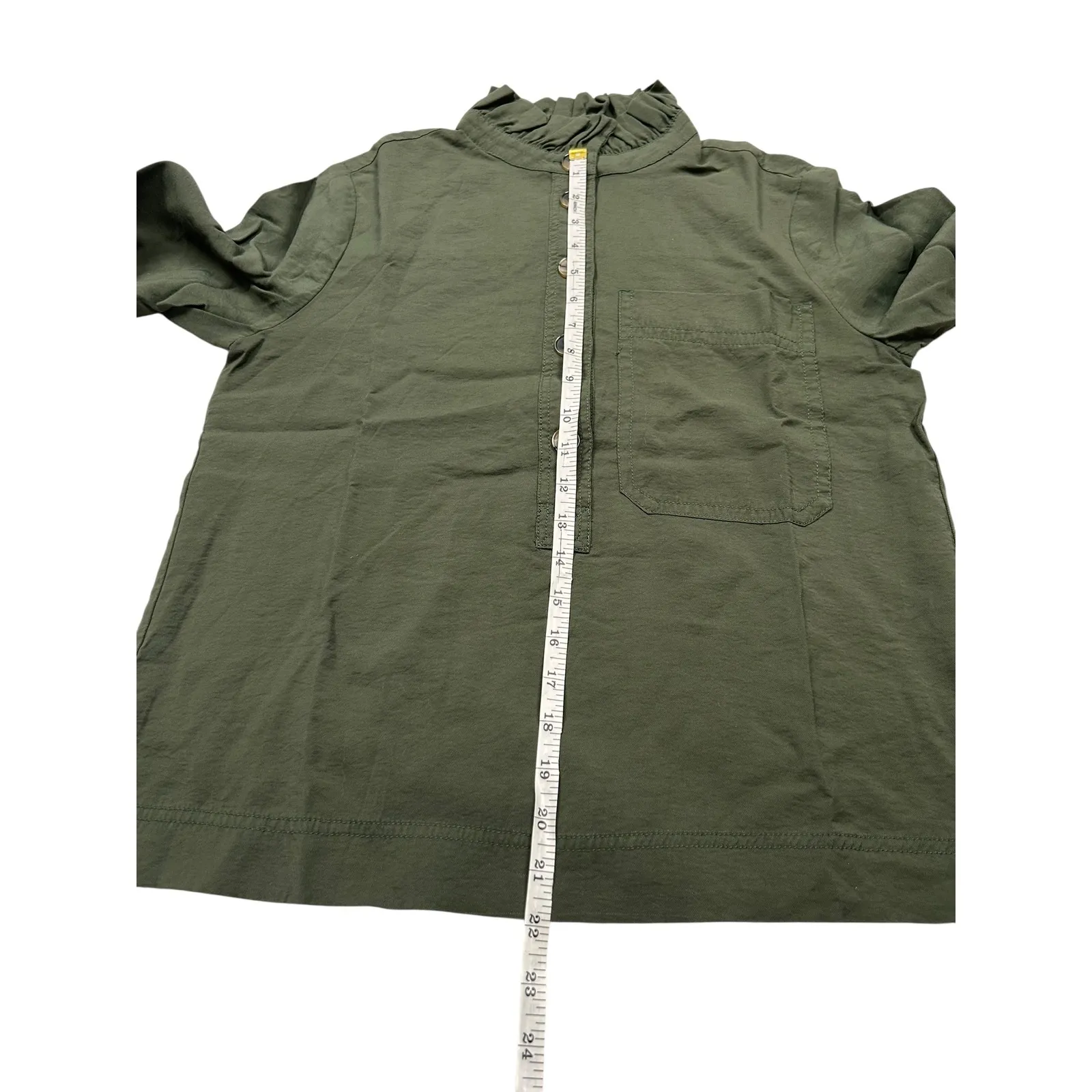 Banana Republic olive green ruffle neck button‎ down top size S - Image 5