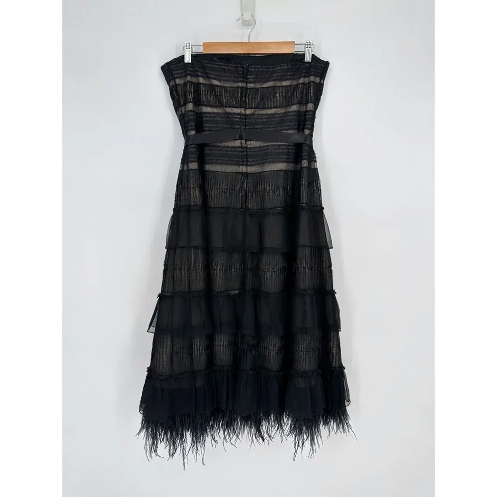 BCBG Maxazria Strapless Feather Trim Cocktail Dress Tiered Black Women's 12 - Image 7