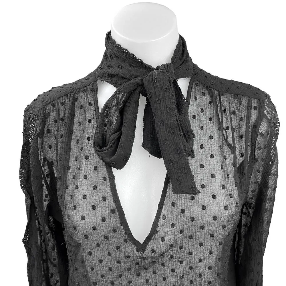 Stradivarius Black Deep V-Neck Polka Tie Neck Long Sleeve Sheer Blouse Top Sz M - Image 3