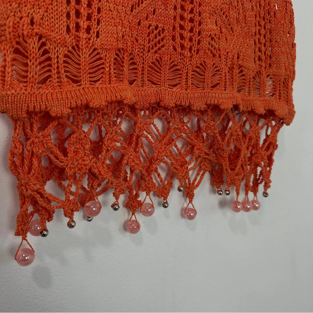 Zara Orange Crochet Fringe Crop Top With Beaded Detail Size Small - Image 6