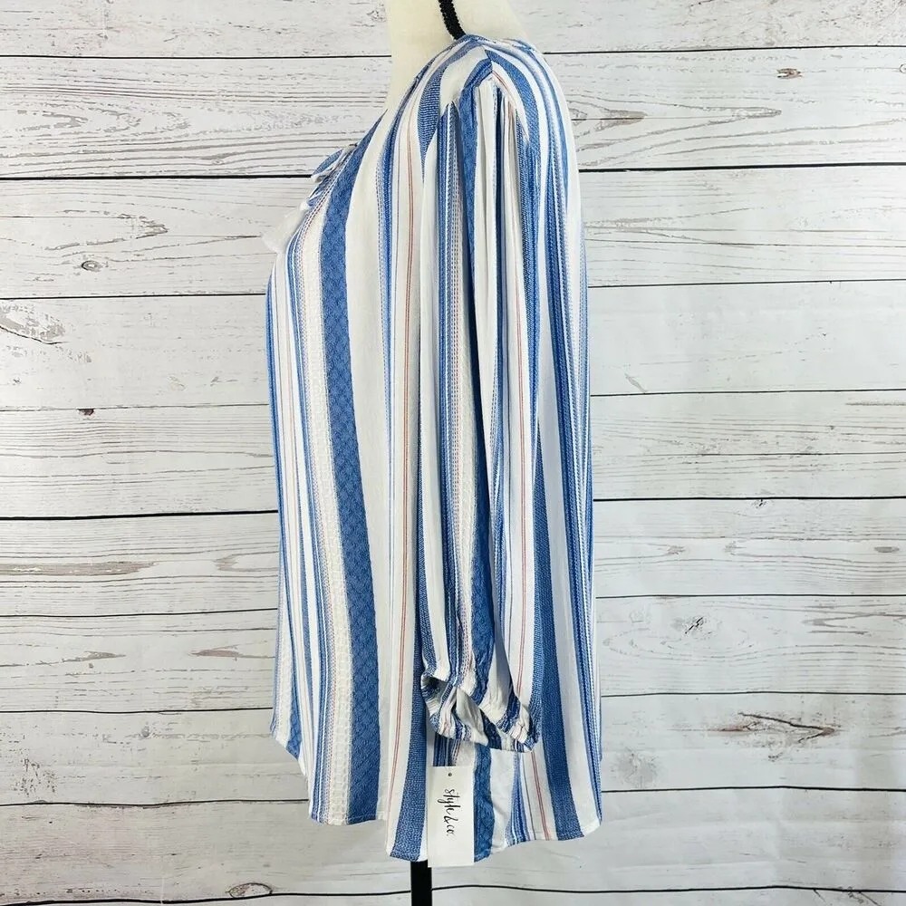Style & Co Large Top 3/4 Puff Sleeves Tie Keyhole Neck Lightweight Striped New Blue - Image 6