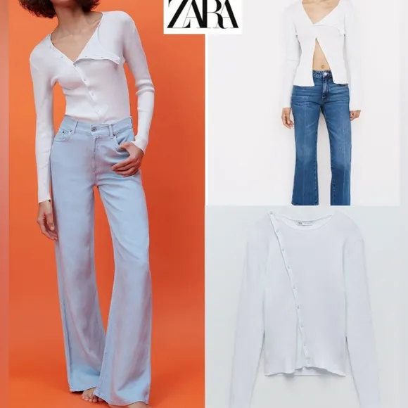 ZARA Knit Button Front Blouse Shirt SZ M light blue - Image 2