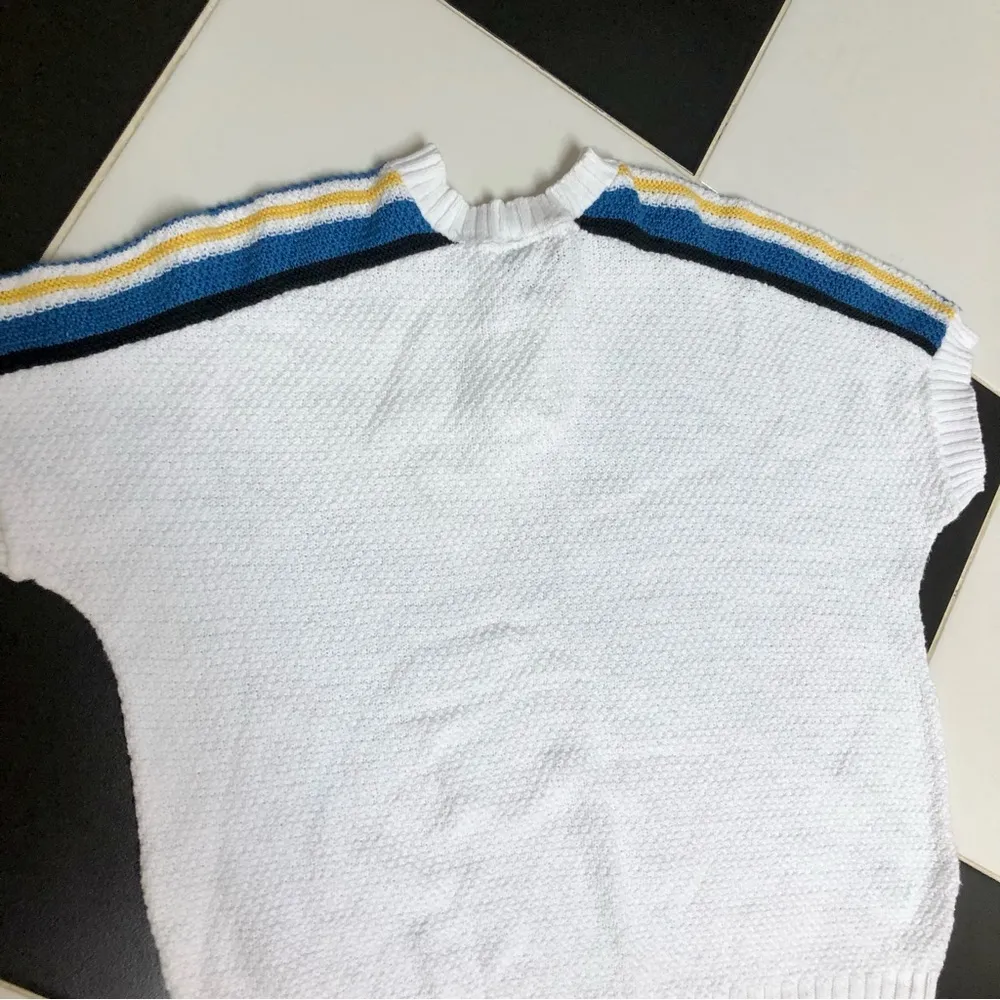 Vintage 70s 80s  Knit Polo Short Cap Sleeve Sweater White Blue XL - Image 7