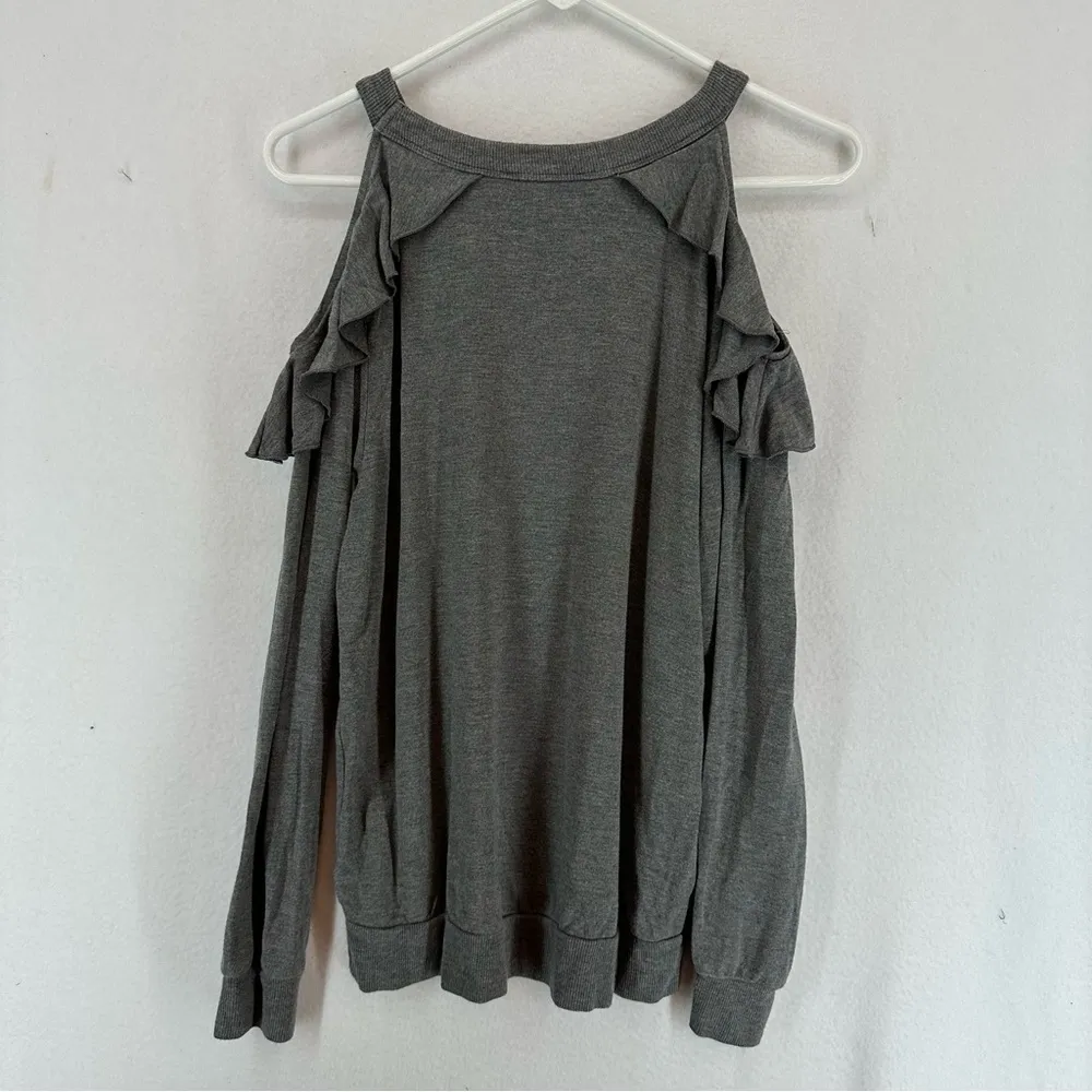 EXPRESS  One Eleven Cold Shoulder Ruffle Crewneck Sweater XS Gray - Image 8