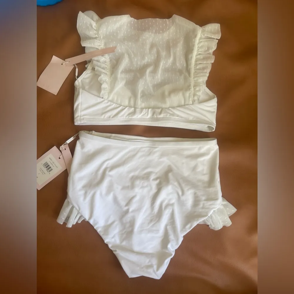 NWT AVEC LES FILLES Mesh Ruffle White Bikini Set sz L white polkadot mesh - Image 12