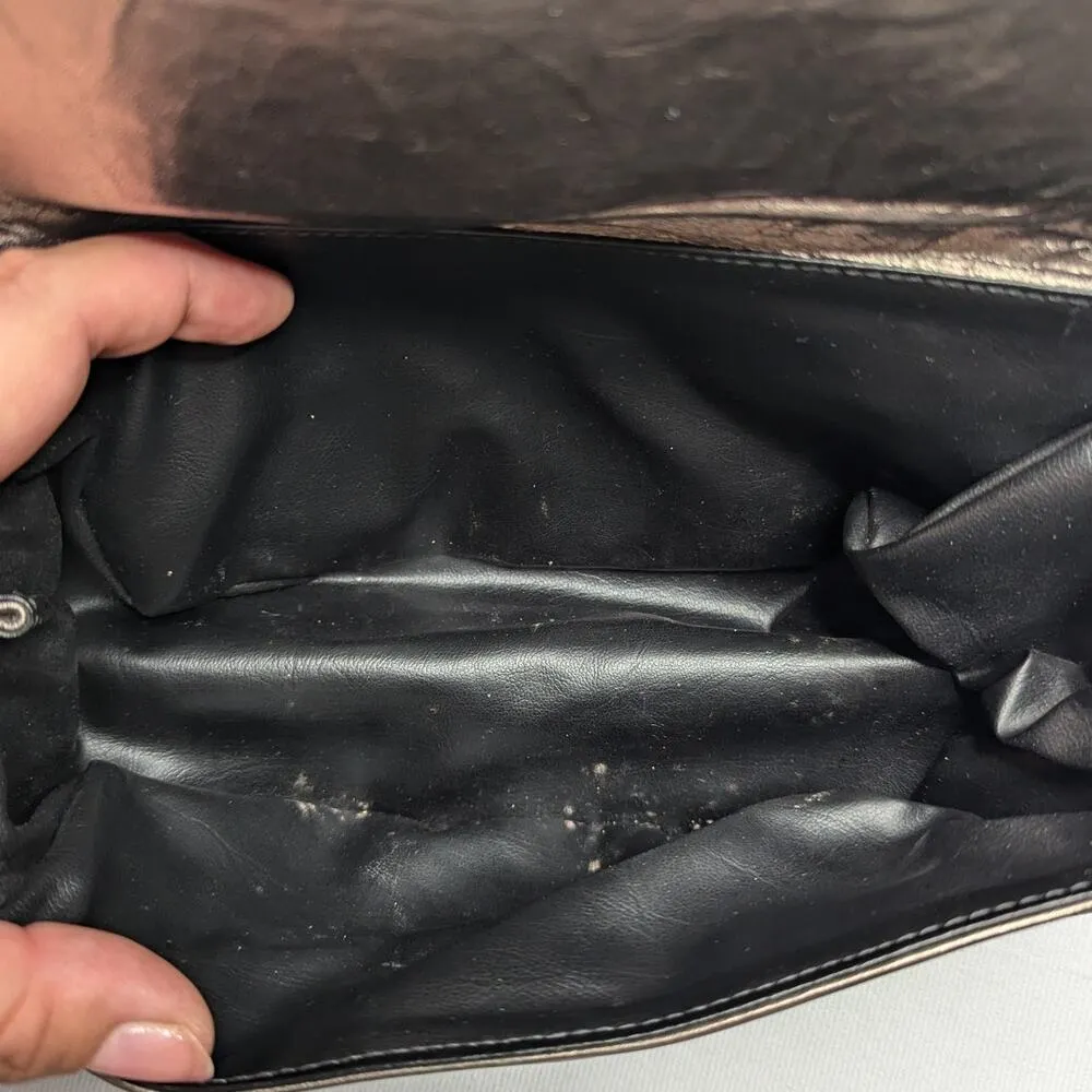 Vtg 1980s Pewter Metallic Leather Top Flap Ruched Evening Shoulder Bag Silver - Image 5