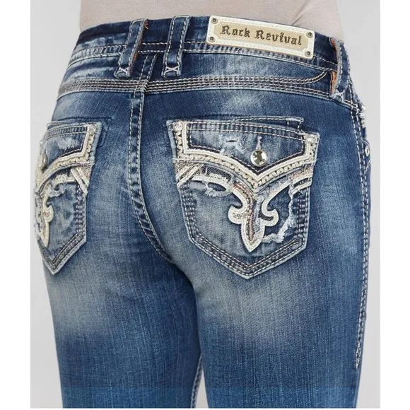 Rock Revival Mertie Easy Straight Stretch Jeans Bling Embellished Size 26 - Image 2
