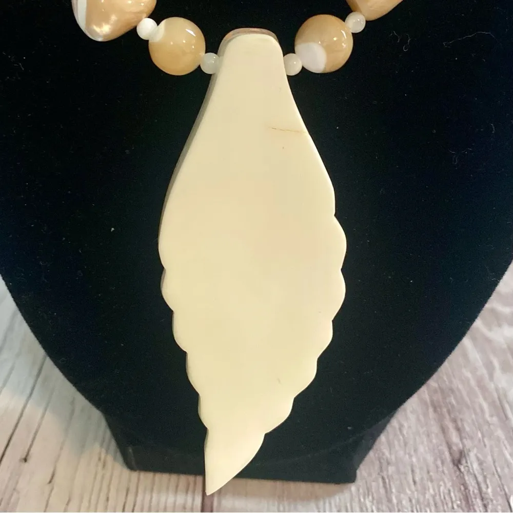 Shell Pendant And Beaded Necklace, 16” Long, Lobster Claw Clasp Gold - Image 3