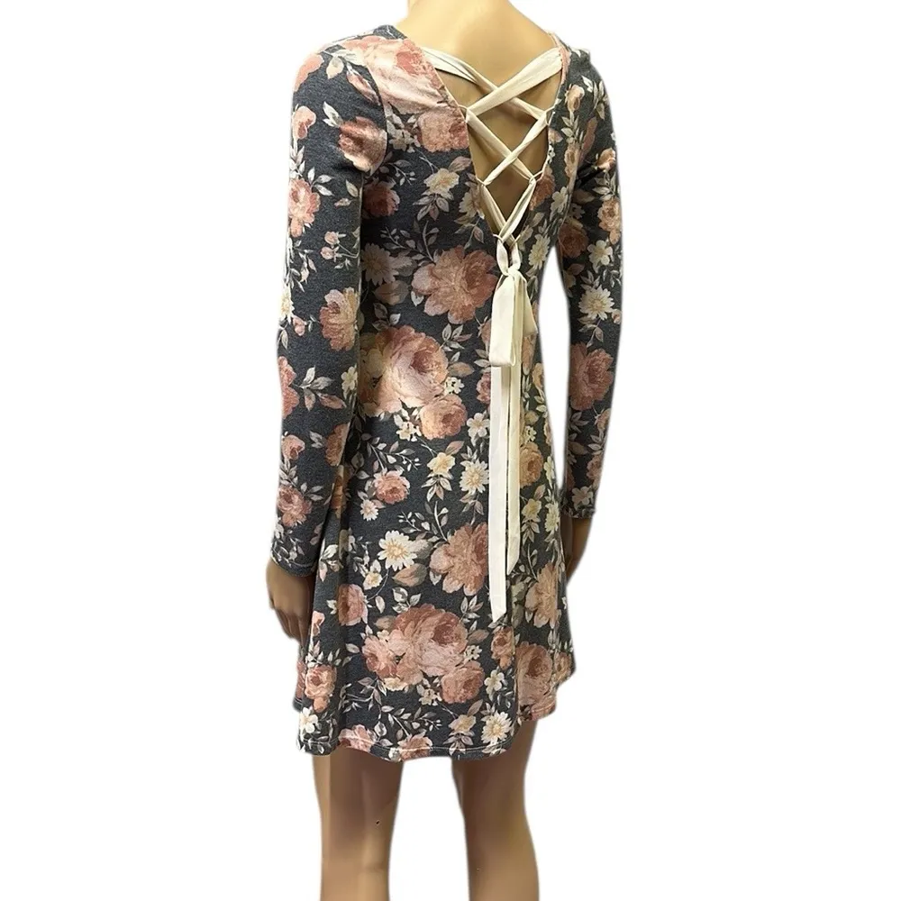 Gray Floral Print Ribbon Lace Up Back Long Sleeve V Neck Mini Dress Womens Small - Image 4